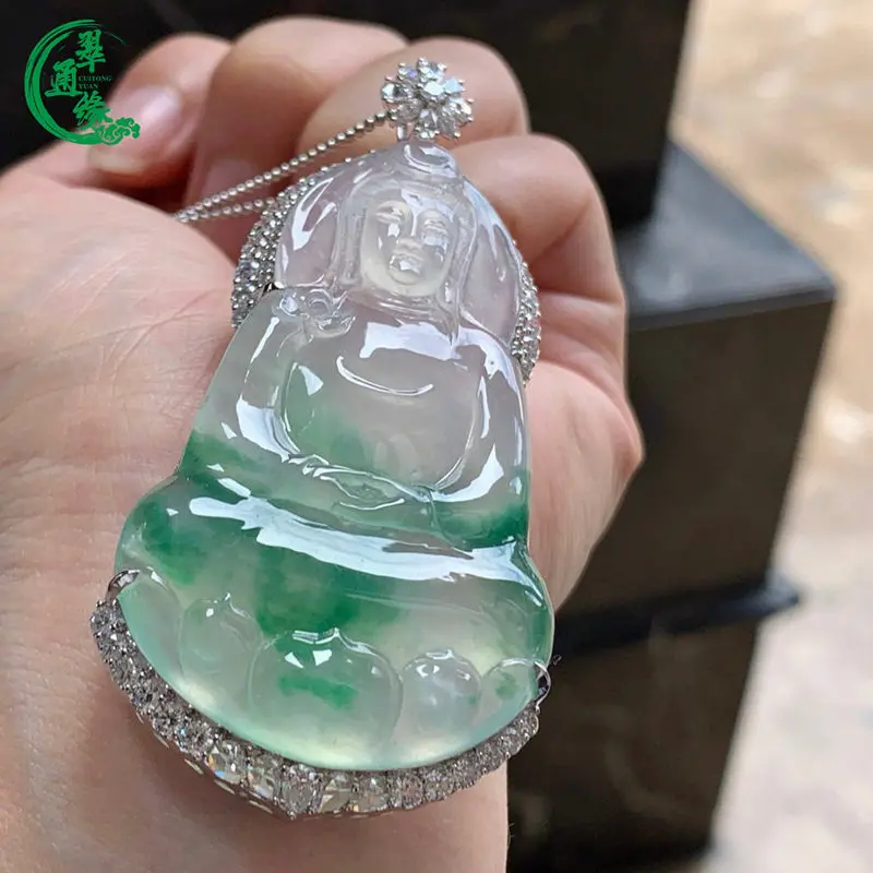 Cuitongyuan Burmese Natural Jadeite with 1k Gold and Diamond Inlay, High Ice Flower Pattern Plain Guanyin Pendant