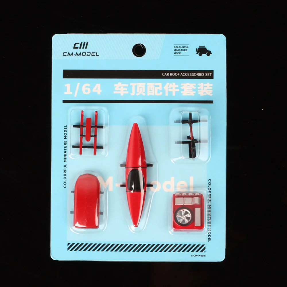 Modèle de voiture 5 en 1 1:64, accessoires de toit, boîte de porte-bagages, planche de traîneau, vélo kayak, scène miniature