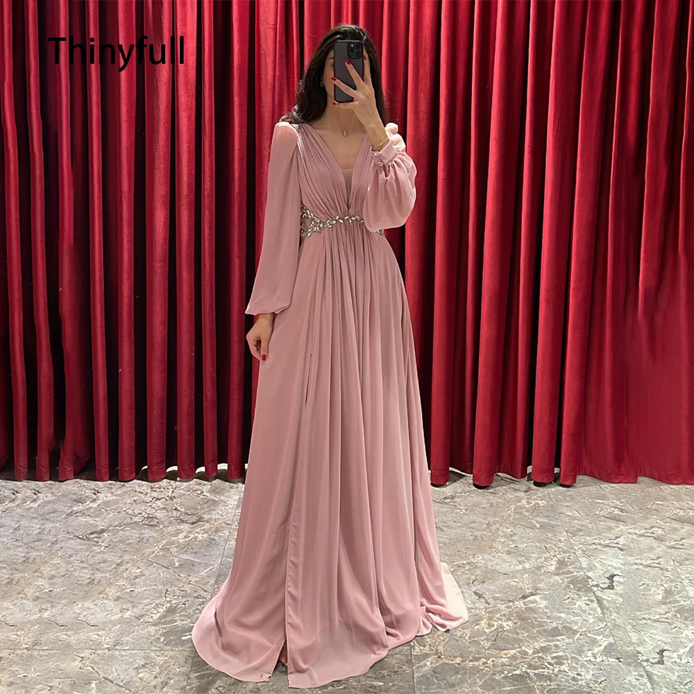 

Thinyfull Pink A Line Saudi Arabia Evening Dresses Chiffon Long Sleeves Beading Split Formal Dresses V Neck Prom Party Gowns