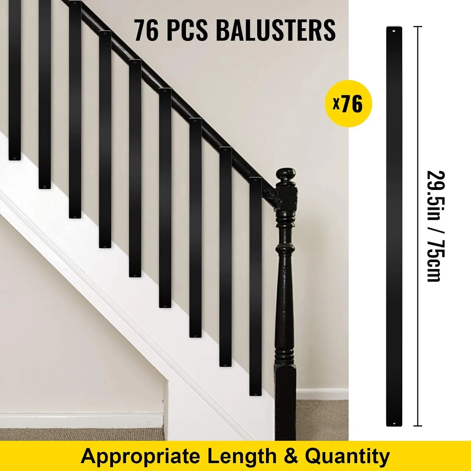 Balusters 29,5 cala-76 sztuki schodów ze śrubami Płaska balustrada aluminiowa, do werandy zewnętrznej, czarna, 76 sztuk