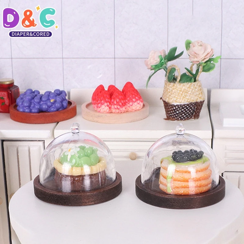 8Pcs/set 1:6/1:12 Dollhouse Coffee Miniature Cake Wooden Tray With Cover Dessert Display Rack Kitchen Model Decor Toy