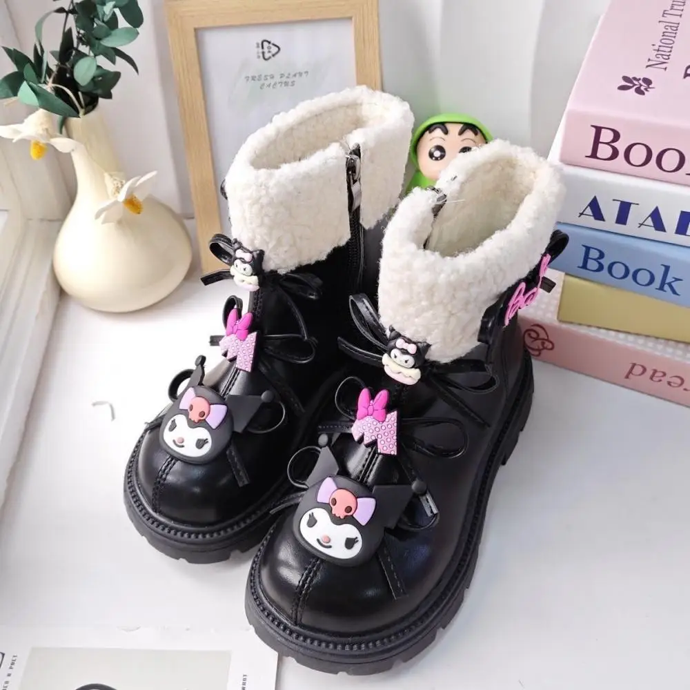 Sanrios Kawaii Kuromi Girls Snow Boots Autumn Winter New Style Water Proof Ankle Length Cotton Shoes Child Martin Boots Sneakers