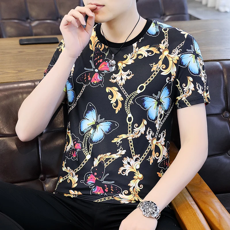 Luxury Gold Fancy Mens Short Sleeve Shirts Chain Horse Printed 2022 Summer Designer Clothing Unusual Products Party Club Wear