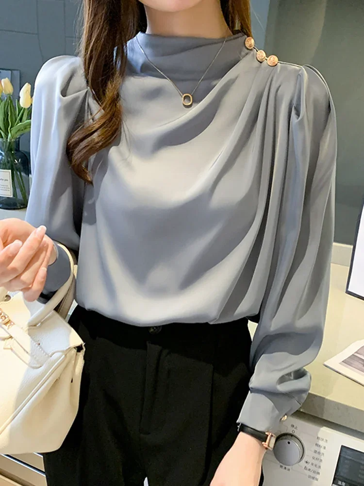 Blusas Mujer De Moda 2024 Stand Collar Blouse Women Long Sleeve Chiffon Blouse Shirt Women Tops Women Blouses Shirts Blusa G364