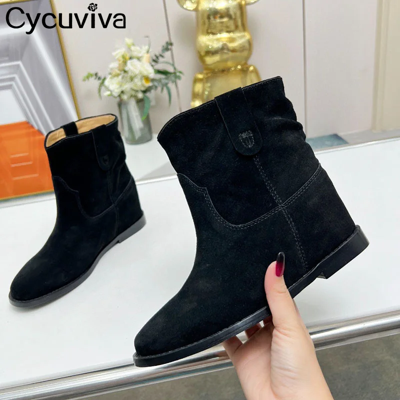 

Classic Suede Leather Short Boots Women Round Toe Low Heel Mid Calf Ankle Boots Winter Casual Party Chelsea Boots Women Mujer