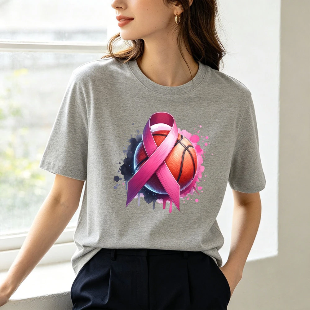 Basketball Splash Art Pink Ribbon Graphic Women Summer T Shirt Breast Cancer Sport Enthusiast Casual Short Sleeve Tee