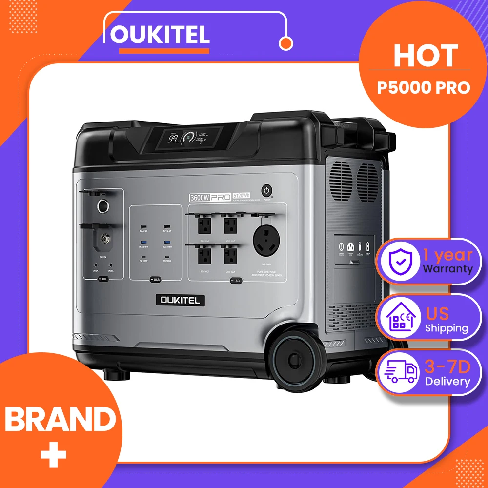 OUKITEL P5000 Pro Portable Power Station, 5120Wh LiFePO4 Battery, 3600W AC Outlets, Solar Generators, Smart APP Control, 2.8H Full Charge, 1000W MPPT Solar, for Emergency, Home Backup, RV, Off-grid