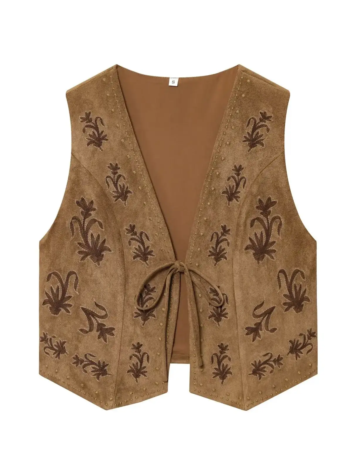 

2025 Autumn Women's Vintage Embroidery V-Neck Sleeveless Short Khaki Waistcoats Female Elegant Retro Chic Lace-up Cardigan Vests