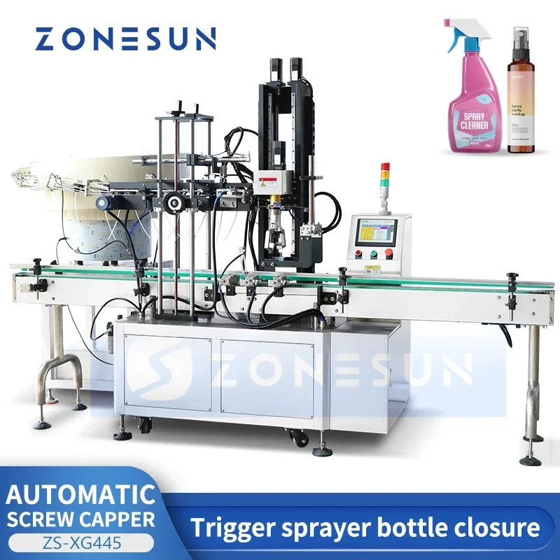 ZONESUN Automatic Trigger Sprayer Bottle Capper Cap Sealing Machine Screw on Top Cover Servo Motor Gripper Vibrator ZS-XG445