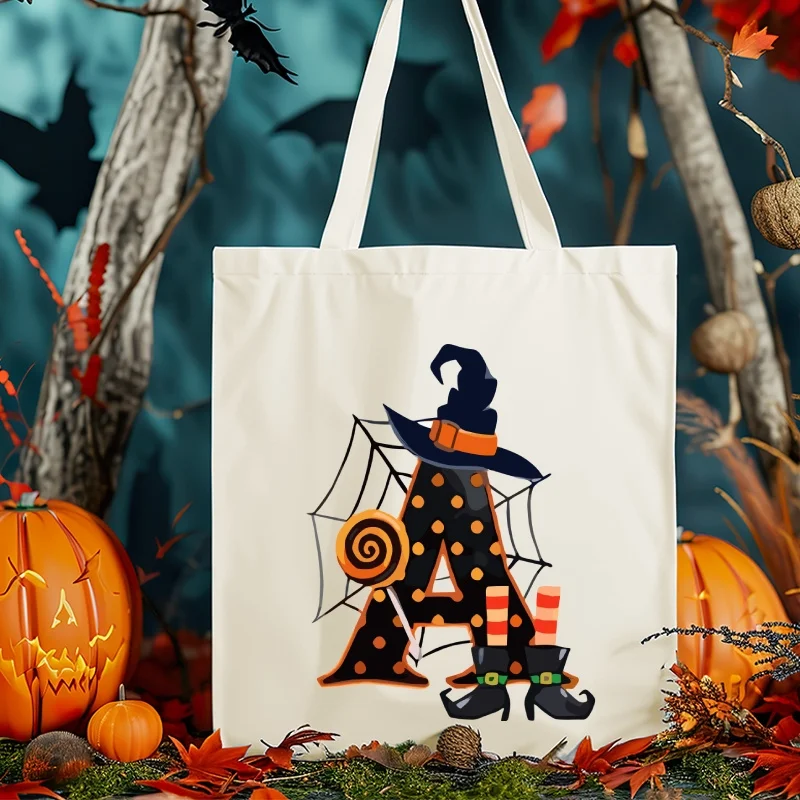 Custom Initial Halloween Witch Letter Canvas Tote Bag Personalized Alphabet Reusable Shopping Shoulder Bag Kids Candy Treat Gift