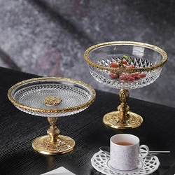 Crystal High Foot Storage Tray Brass Base Livingroom Ornaments Fruit Plate Elegant Luxury Home Coffeetable Dinnertable Storager