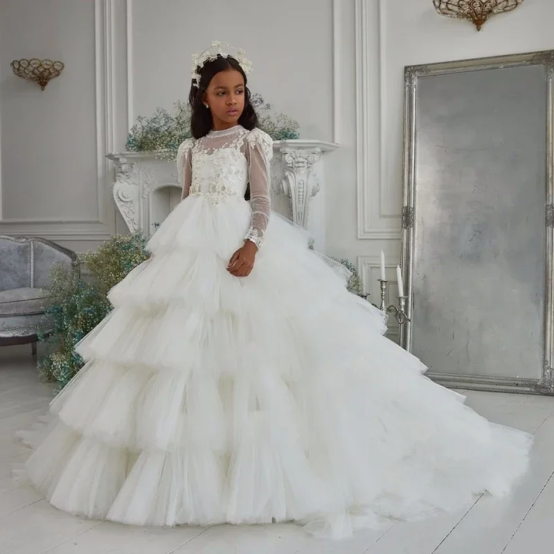 

Flower Girl Dresses White Tulle Puffy Tiered Appliques Long Sleeve For Wedding Birthday Party Banquet First Communion Gowns