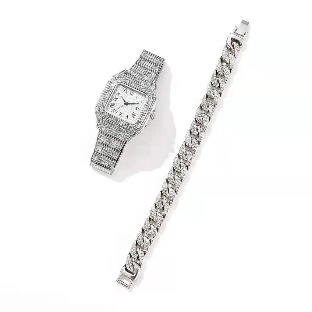 Men's Rhinestone Square Big Dial Hip Hop Watch + Rhinestone Chain Zinc Alloy Bracelet Set