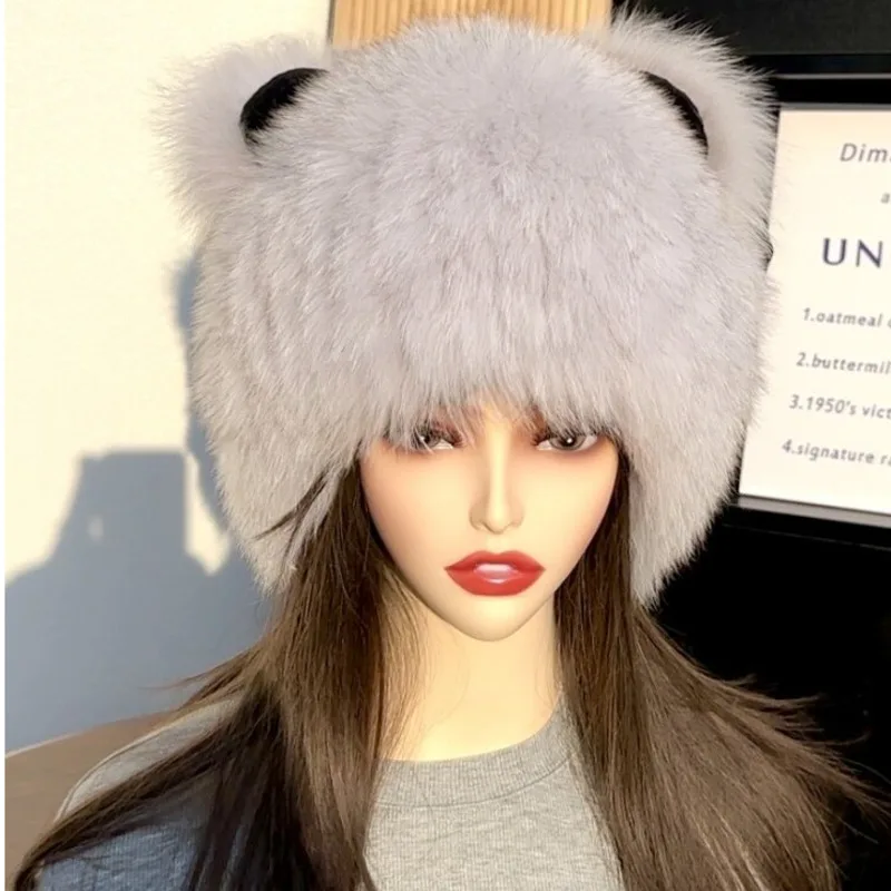 Popular Real Fox Fur Winter Hat With Bear Ears Warm For Outdoor Skiing Skating Street Wear For Women Cold Weather Outside Use