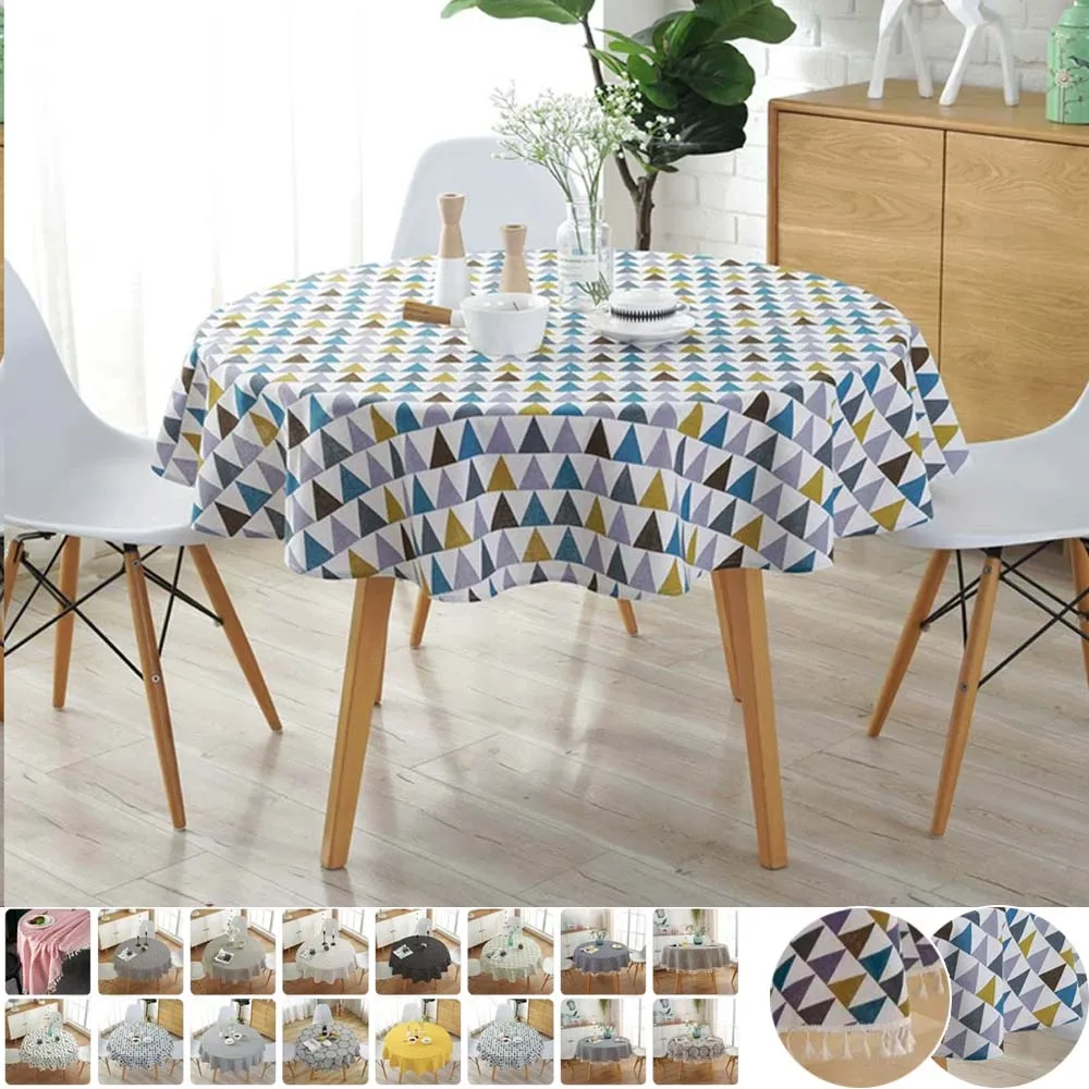 

Geometric Pattern Round Tablecloth with Tassel Polyester Blend 120/150cm Dustproof Table Cover for Dining Room Picnic Home Decor