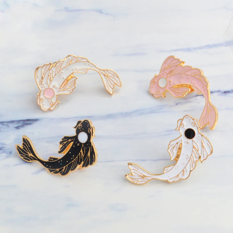 Enamel pin White pink black Brooches Gift Denim Jeans Clothes cap bag Pin Badge Button Lapel pin gift for kids Lucky fish Koi