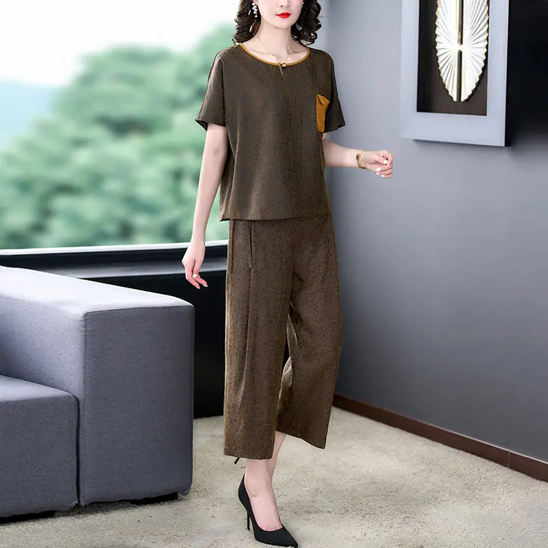 Large Size Two Piece Set 2023 Summer Vintage Mom Women Loose Short Sleeve Top Straight Trouser Casual Pants Suit Tracksuit Z1542