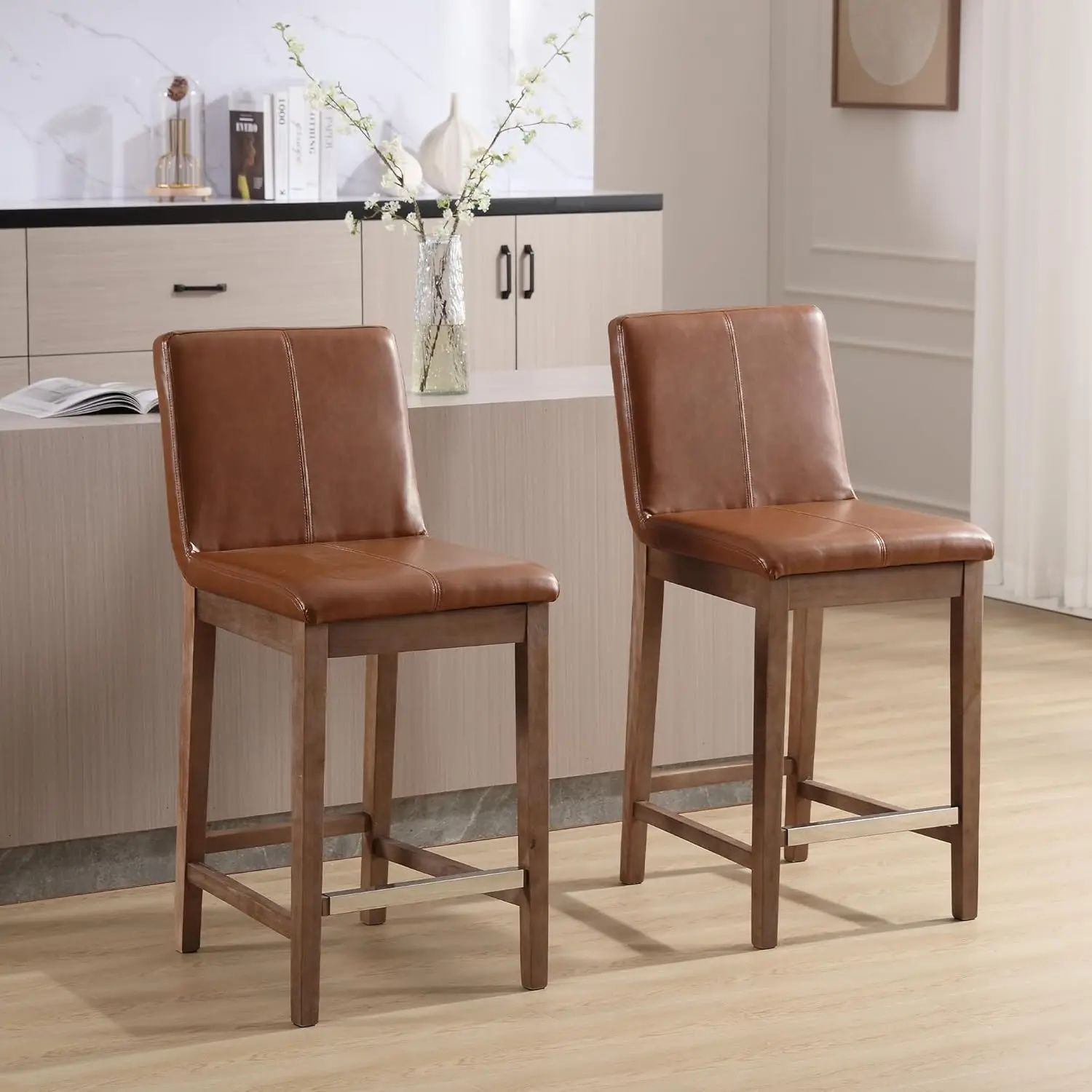 Chairus Bar Stools Set Of 4 High Bar Stool Chair Pu Leather Upholstered Barstools With Solid Wood Legs And Back For Kitchen