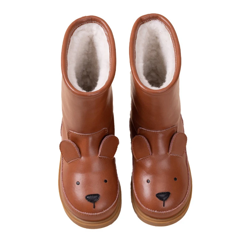 Botas de piel auténtica para niñas pequeñas, botas de nieve de invierno, zapatos informales de princesa de oso bonito, zapatos escolares cálidos