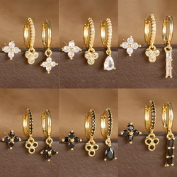 3PCS Vintage Stainless Steel Flowers Huggies Hoop Earrings Set For Women Black White Zircon Cartilage Piercing Fashion Jewelry