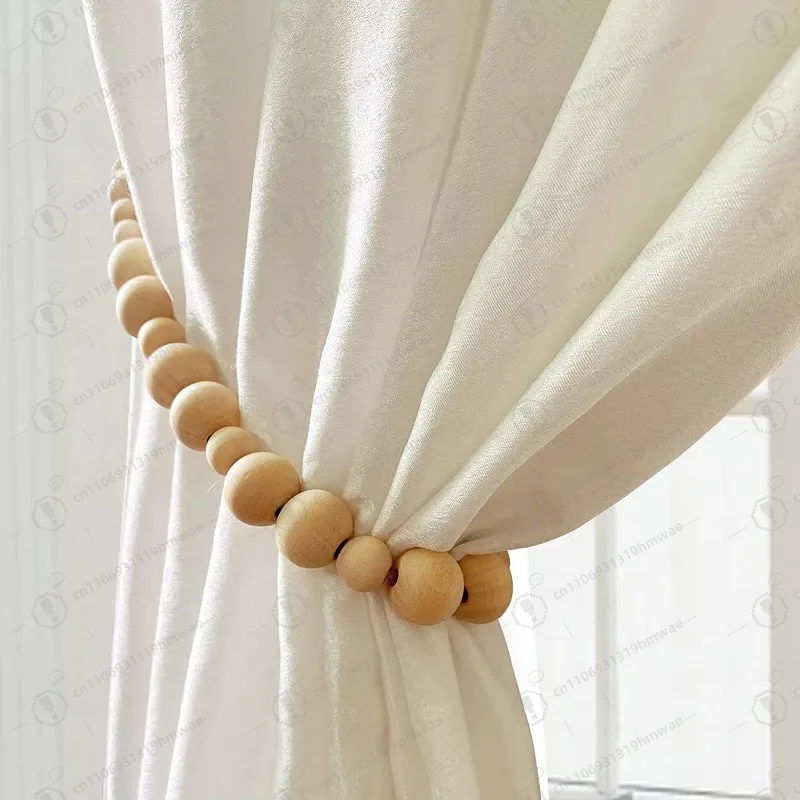 

A Set of 2 Bohemian Decorative Accessories Farmhouse Country Wood Beads Wreath Curtain Lace Natural Wood Lace