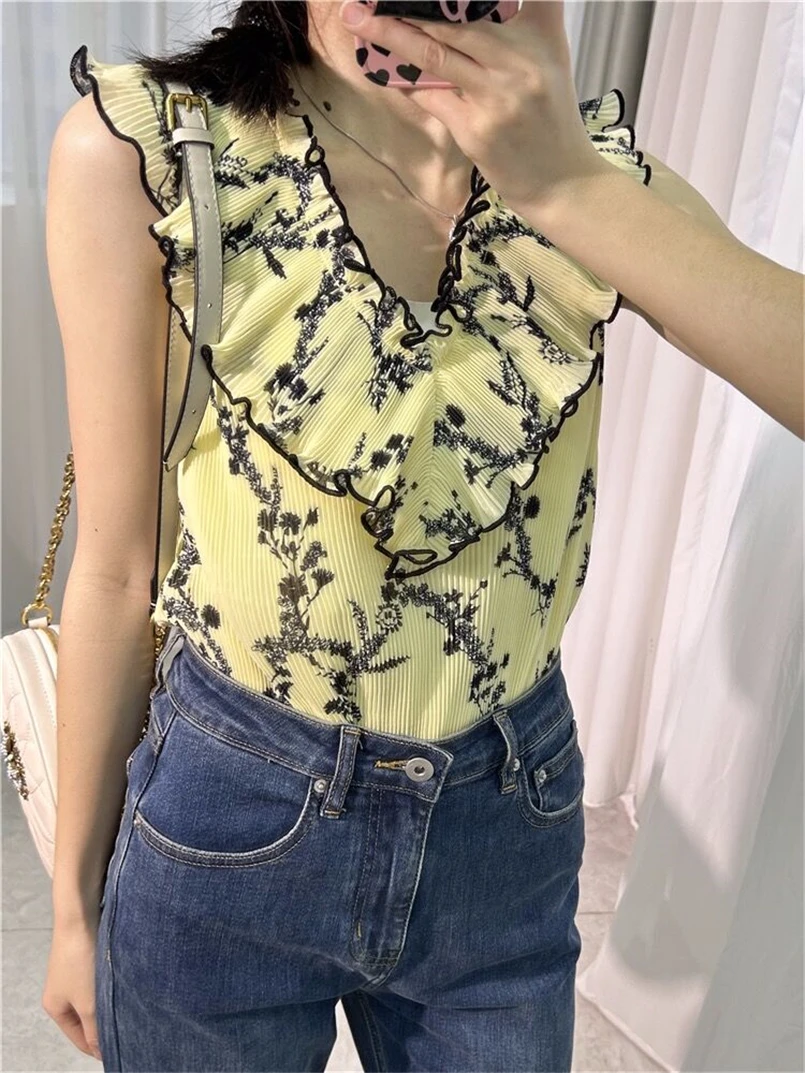 

Summer Ruffles V-Neck Tank Top Women Sleeveless High Quality Vest Y2k Chiffon Pleated Camis Female Print Elegant Chic Tank Tops
