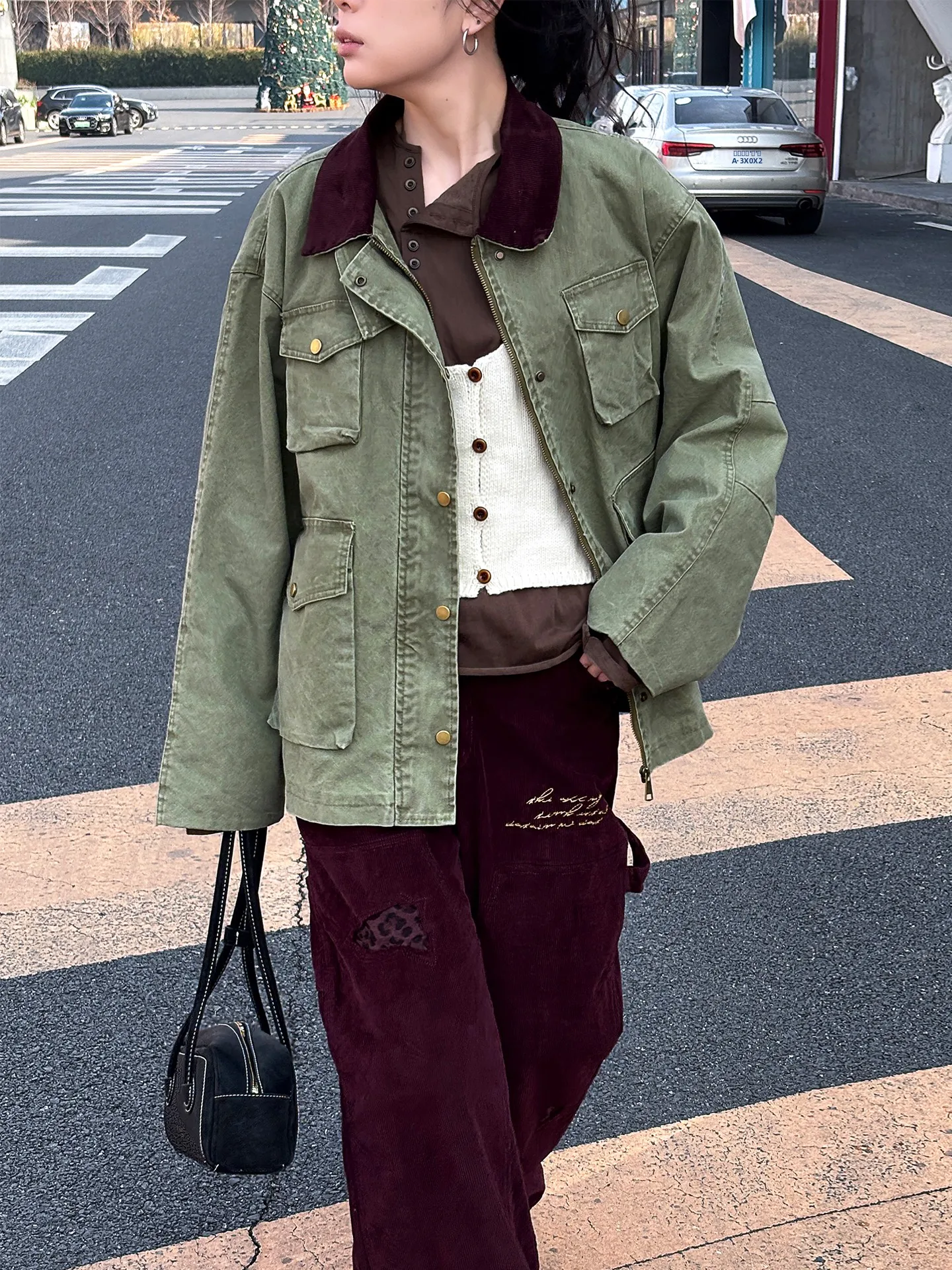 

Women's Utili Jaet Loose Fit Waed out Color Collar Multiple kets Military een Spring 2026 Casual Faion Workwear