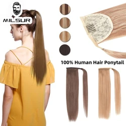 Women Straight Ponytail Hair Extensions Brown Blonde Wrap Around Pony Hairpieces For Women Clip On Ponytail Remy Hair Extension