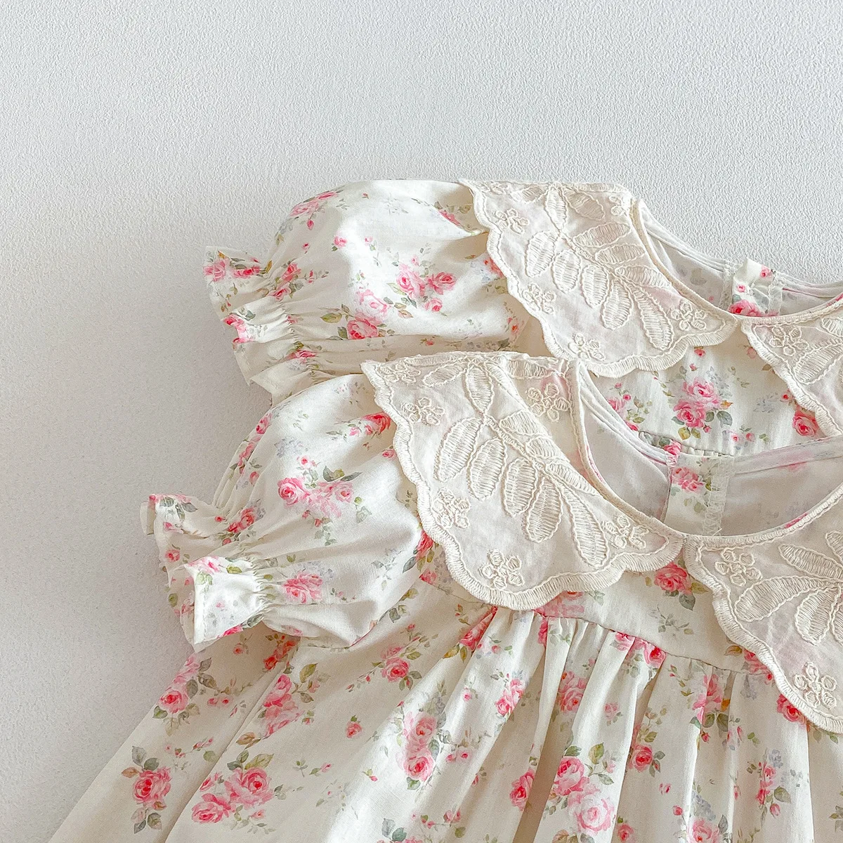 2026 Summer Floral Lace Fly Sleeve Matching Sibling Outfits Baby Bodysuit Toddler Dress Set with Bow Headband