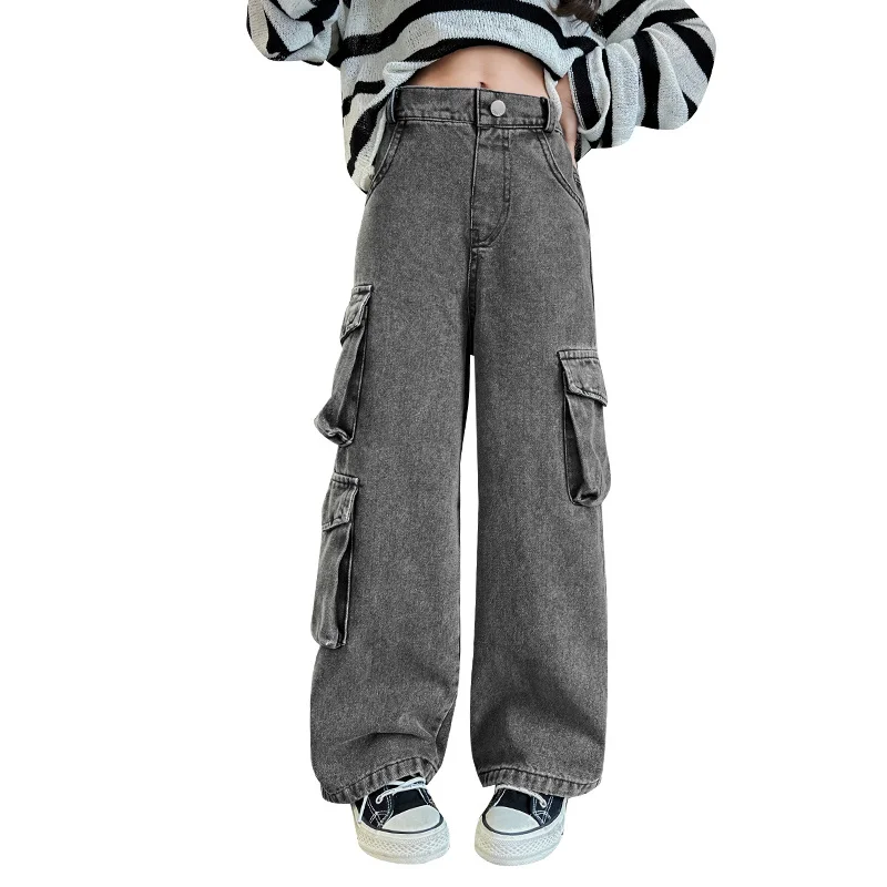 

Retro Gray Cowgirl Cargo Jeans With Pocket Spring Kids Casual Denim Pants School Young Girls Child Straight Jeans Trousers