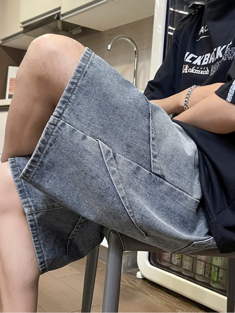 

American Retro Men's Denim orts Summer Five-Part Folded Design Straight Leg Wide Pants Youthful Trendy Lightweight Wear-res...