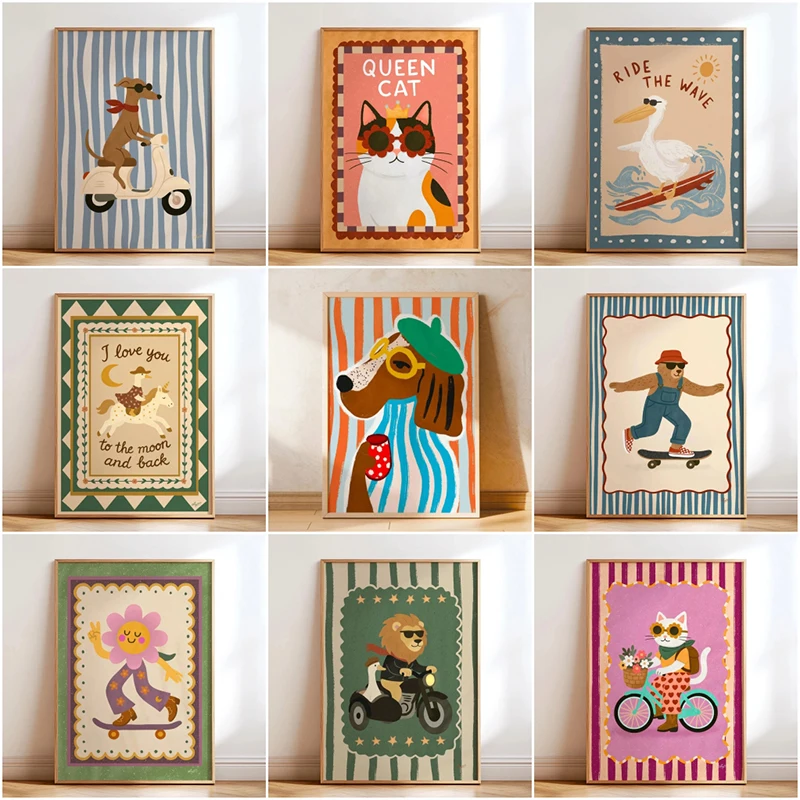 Pósteres para habitación de bebé con temática animal: impresiones de animales elegantes y divertidas, arte de pared en lienzo caprichoso, adecuado para decoración moderna de habitación de bebé