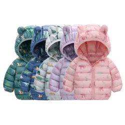 Lightweight Down Jackets Warm Outerwear Winter Autumn Kids Girls Boys Baby Hooded Coats Cartoon Dinosaur Printl Clothing 1-5 Y