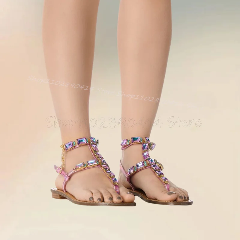 Colorful Crystal Decor Flip Flop Sandals Ankle Buckle Strap Women Shoes Low Top Fashion Party Banquet 2024 Zapatos Para Mujere