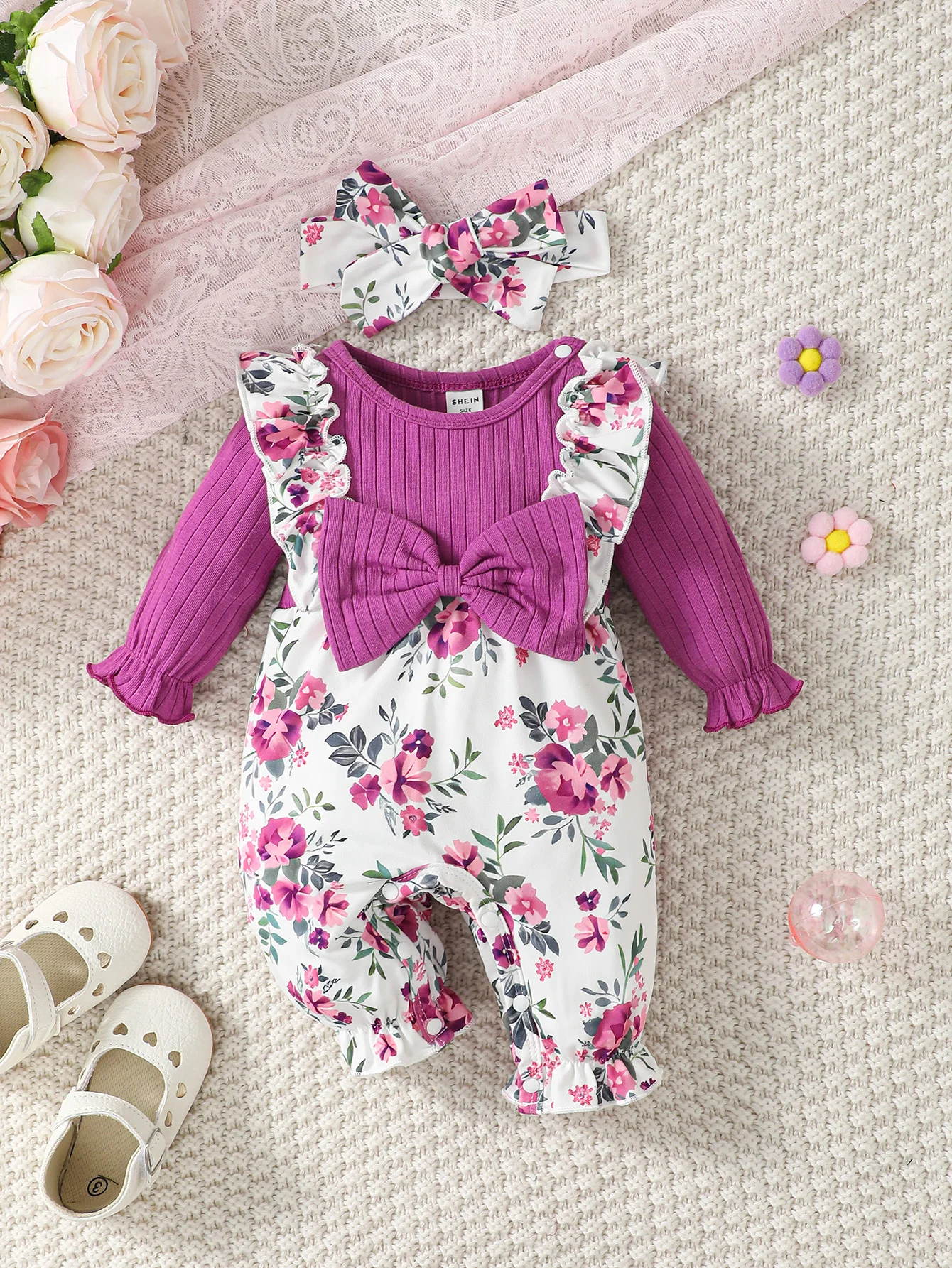 Two-piece baby girls' fly-front ruffled bow round-neck long-sleeved bodysuit + headband