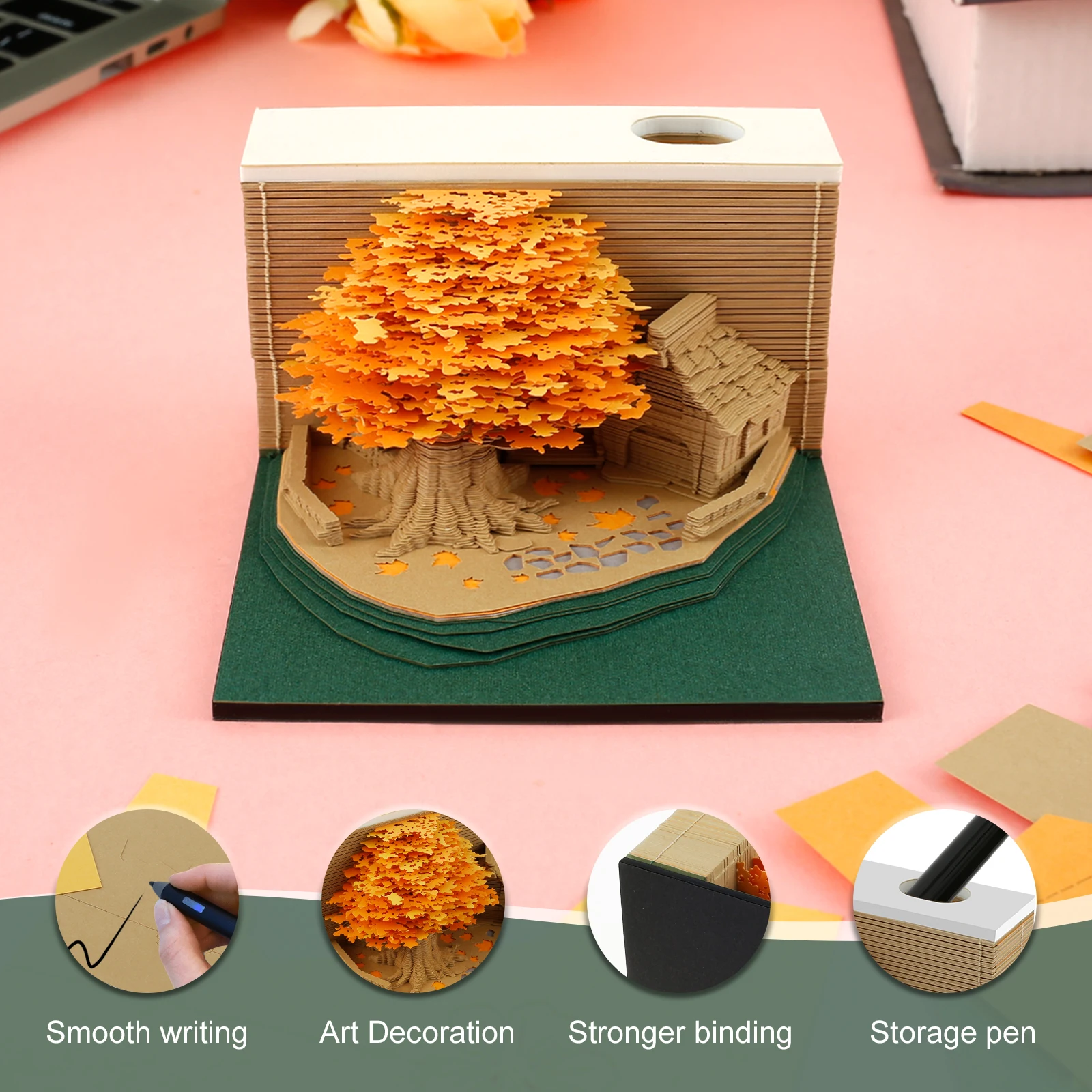 3D Art Notepad Creative 3D Memo Pad Tear-Away DIY 3D Desk Note Decorative Tree House Notepad Paper Home Office