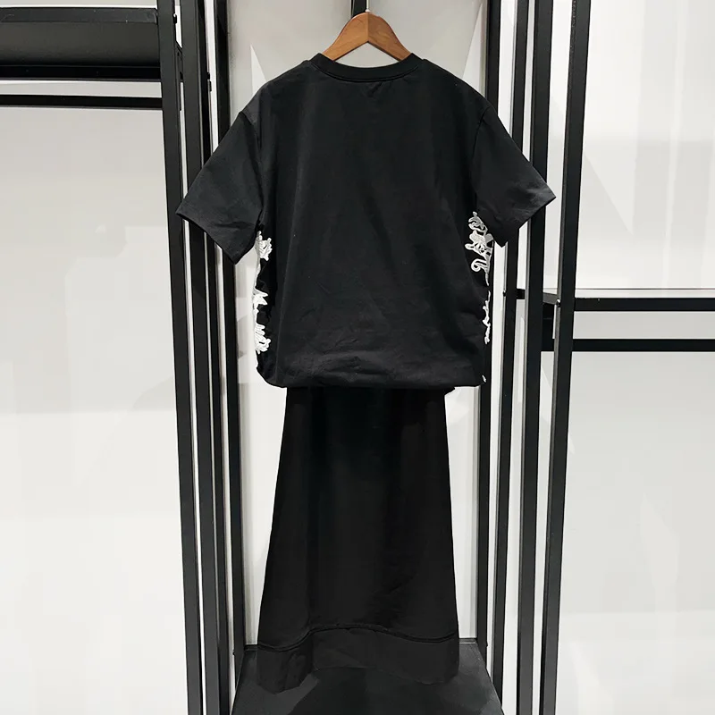 Nicho 2025 primavera/verão férias duas cores contrastantes rendas floral tripulação pescoço retalhos cetim vestido elegante y2k