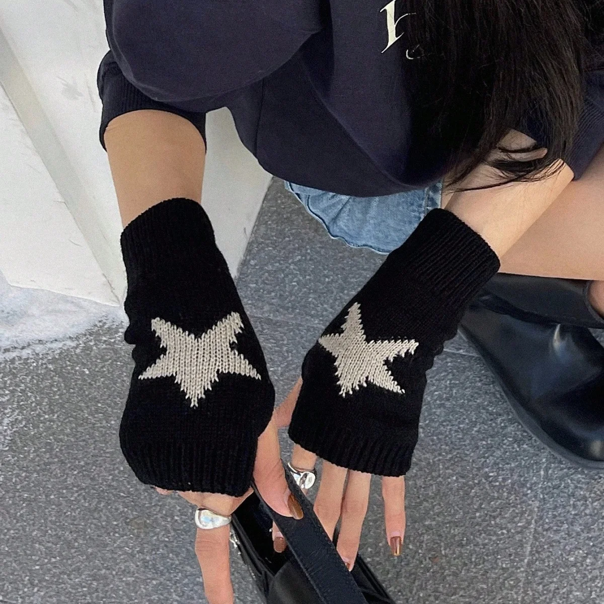 Y2K Star Knit Half Finger Gloves Autumn Winter Warm Fingerless Mittens Women Men Street Style Wrist Warmer