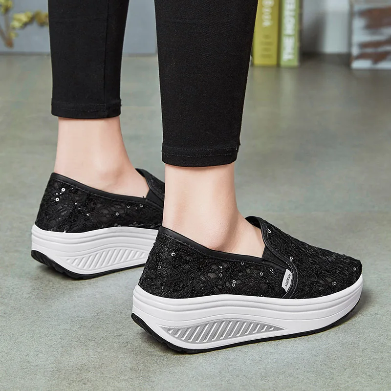 Summer Casual Black Women\'s Shoes Slope Heel Fashion Casual Shoes Solid Color Sequin Cut-out Lace Shoes Platform Shoes