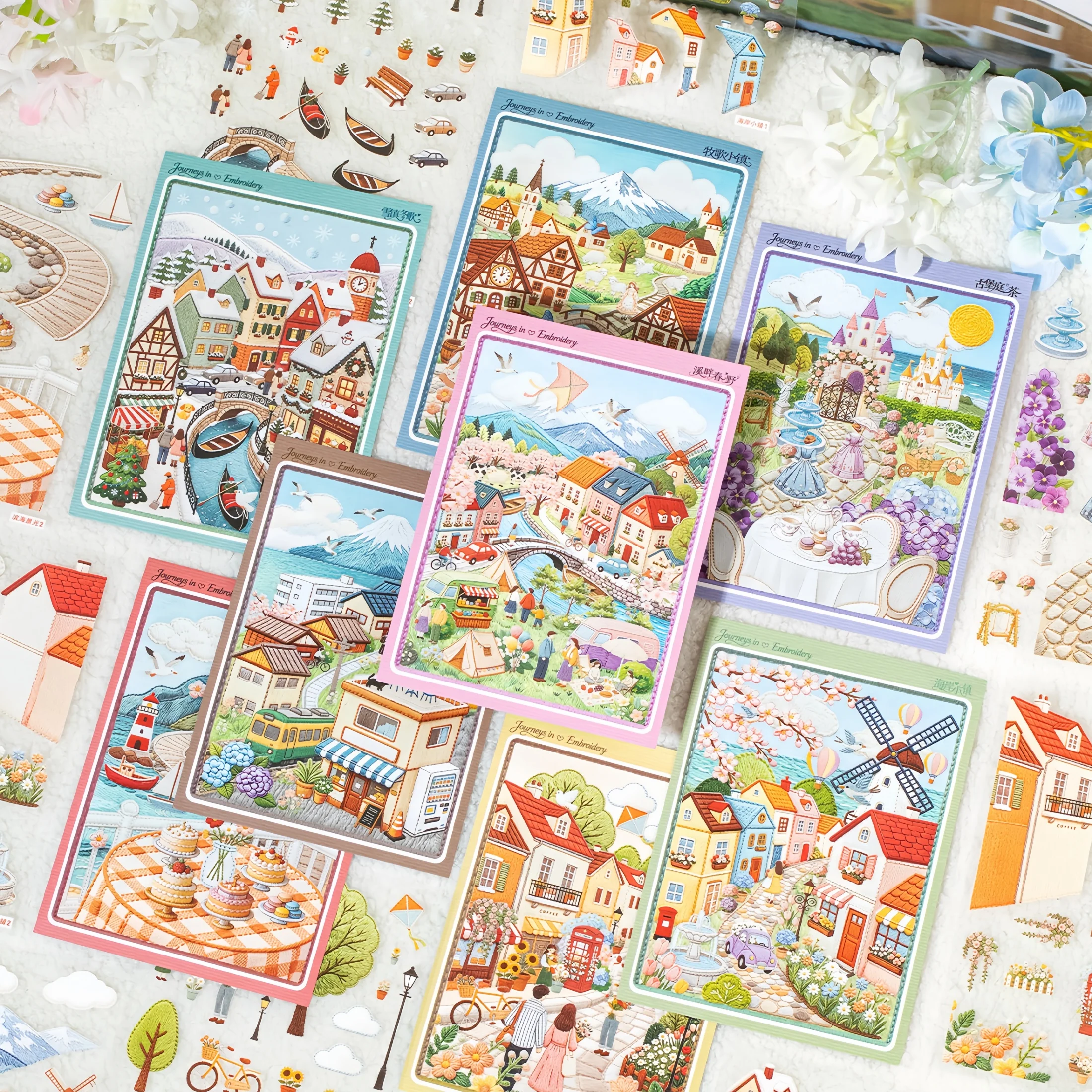 Collection of Pastoral Town Landscape Stickers, Embroidered-Style Miniature Scenes, Immersive Collage Small Patterns