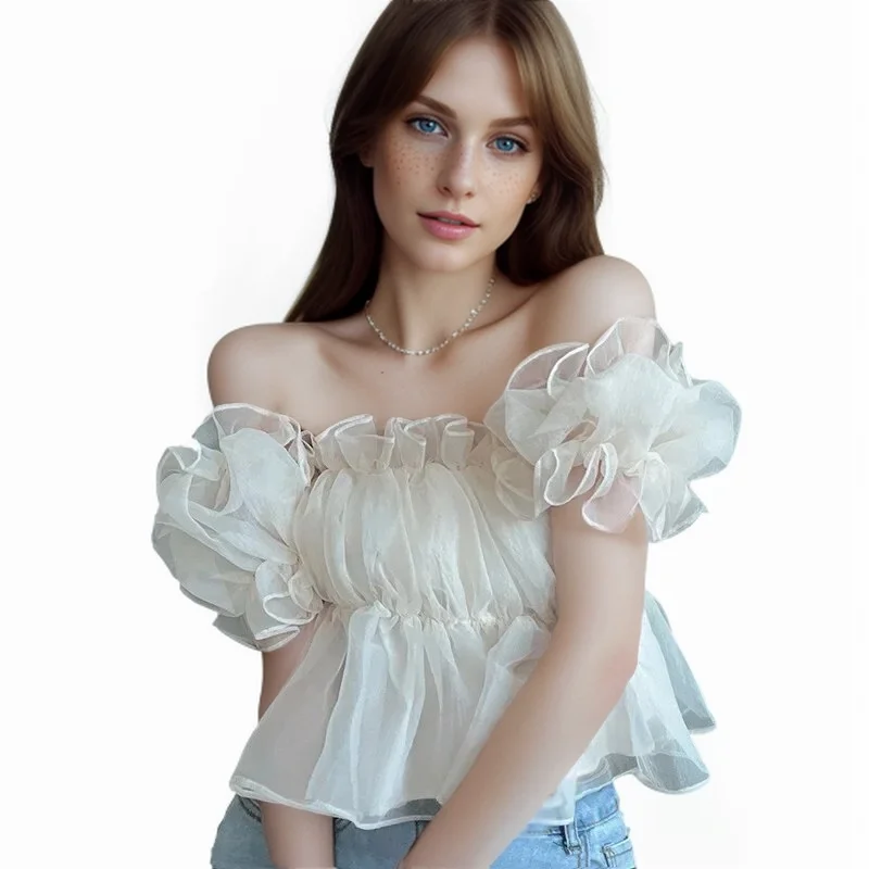 Women Short Puff Sleeve Top Short Puff Sleeves Comfortable  Women's One Shoulder Blouse