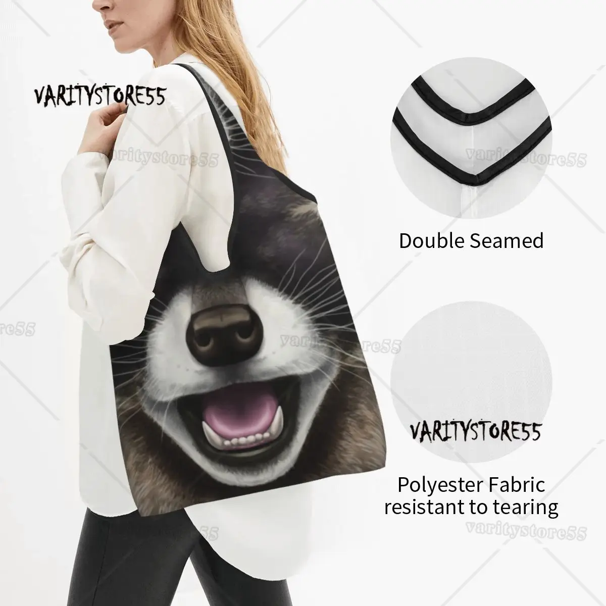 Funny Animal Raccoon Grocery Tote Shopping Bag Women Funny Trash Panda Racoon Shoulder Shopper Bag Large Capacity Handbag