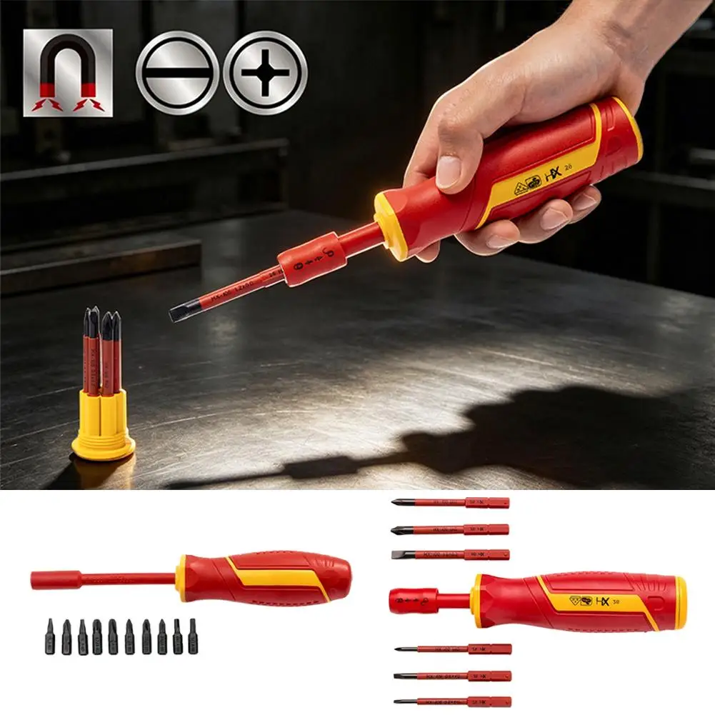 Isolierter Schraubendreher-Satz 10 in 1, magnetische austauschbare Bits, Kreuzschlitz, Schlitz, Elektriker-Handwerkzeug-Reparaturset – Detail 7