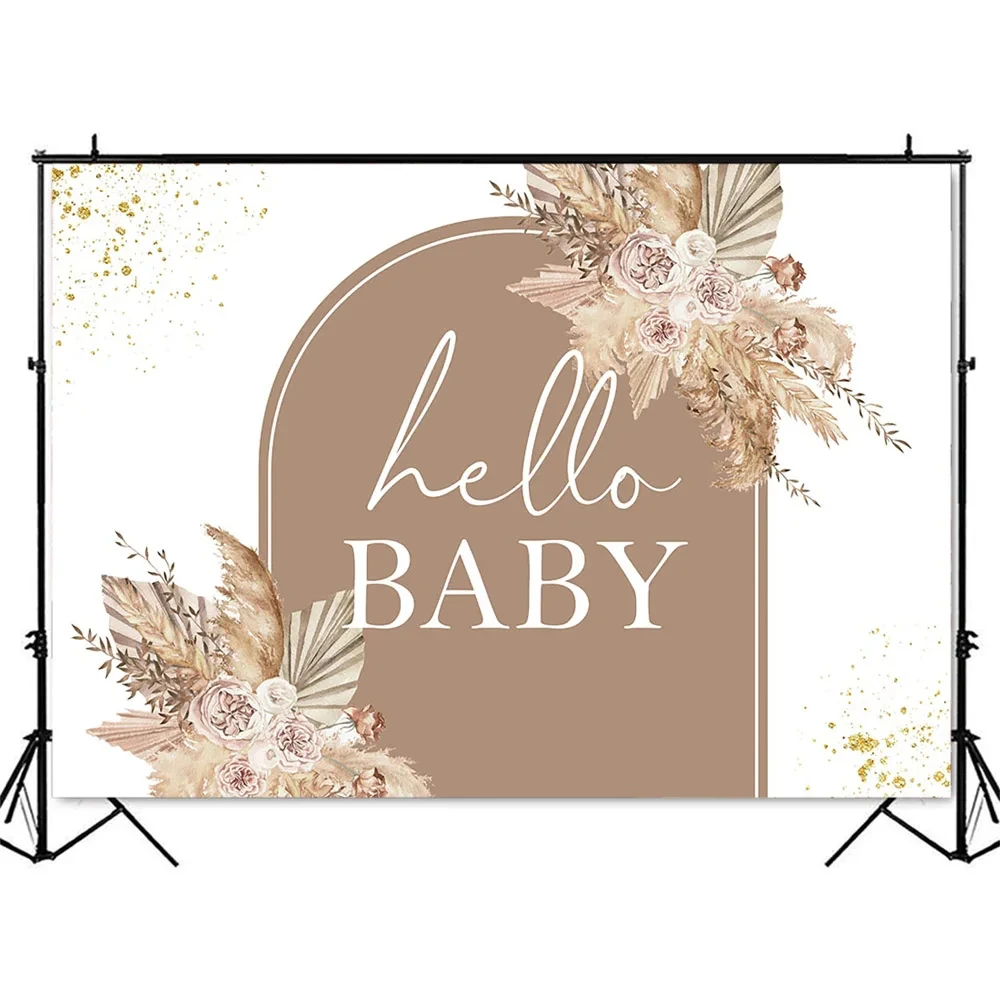 Boho Baby Shower Backdrop Pampas Grass Background for Baby Shower Theme Decoration Hello Baby Floral Boho Party Supplies