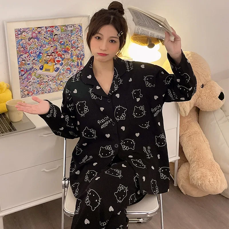 

Hello Kitty pajamas autumn new ice silk long-sleeved trousers casual two-piece set women's pajamas cartoon Sanrio loungewear