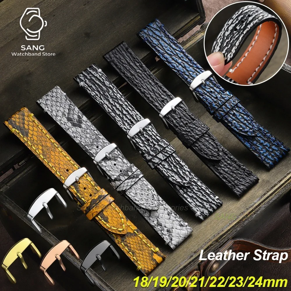 18/19/20/21/22/23/24mm Vintage Cowhide Men Strap Embossed Snake Shark Skin Pattern Handmade Leather Watchband Bracelet Wristbelt