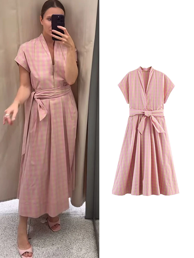 TFMLN New Summer Women's Midi Dress Chic Plaid Fashionable V-neck Commuter Clothes With Belt Elegant Office Lady Dresses
