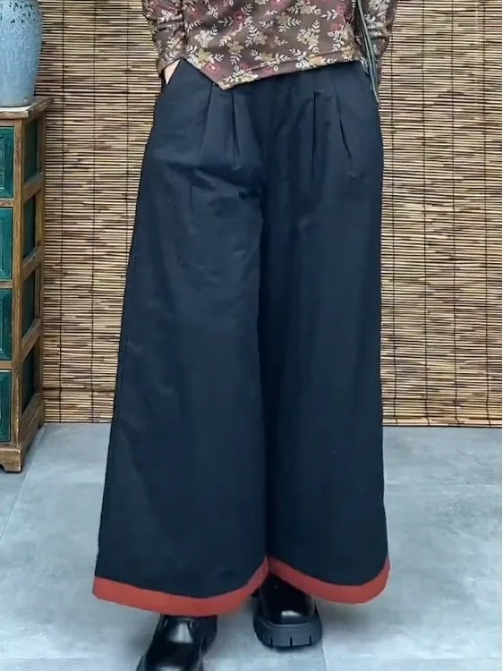 Thiened Wide Leg Pants Women's Loose Fce Elastic Waist Cotton Pants Floral Casual Trousers Ethnic Sle Autumn Winter Ne...