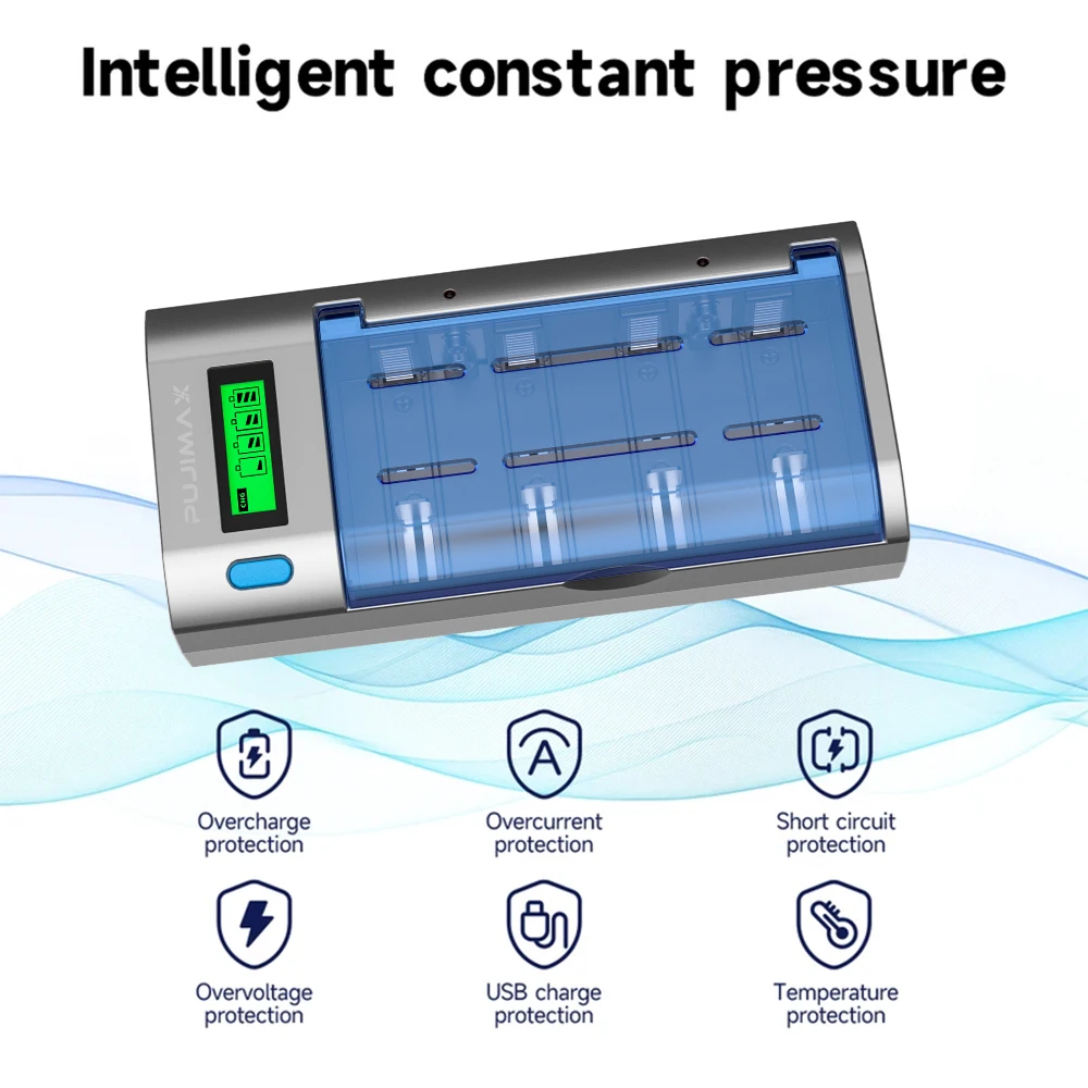 PUJIMAX AA/AAA/C/D Ni-MH/Ni-Cd Rechargeable Battery or 2pcs 9V Battery Intelligent Charger LCD Screen Display Charging Process