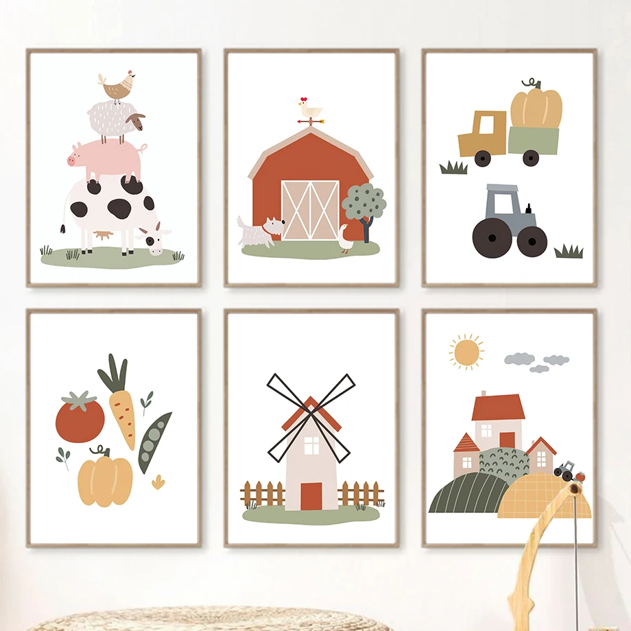 

Cartoon Farm Chicken House Warehouse Cattle Sheep Pig Wall Art Canvas Painting Poster Prints Pictures For Baby KidsRoom Decor